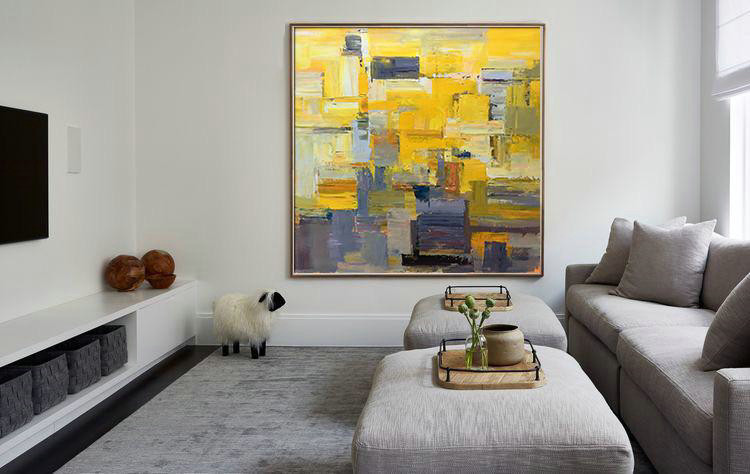 Oversized Palette Knife Painting Contemporary Art On Canvas,Hand Paint Large Clean Modern Art,Yellow,Brown,Taupe,Gray Violet